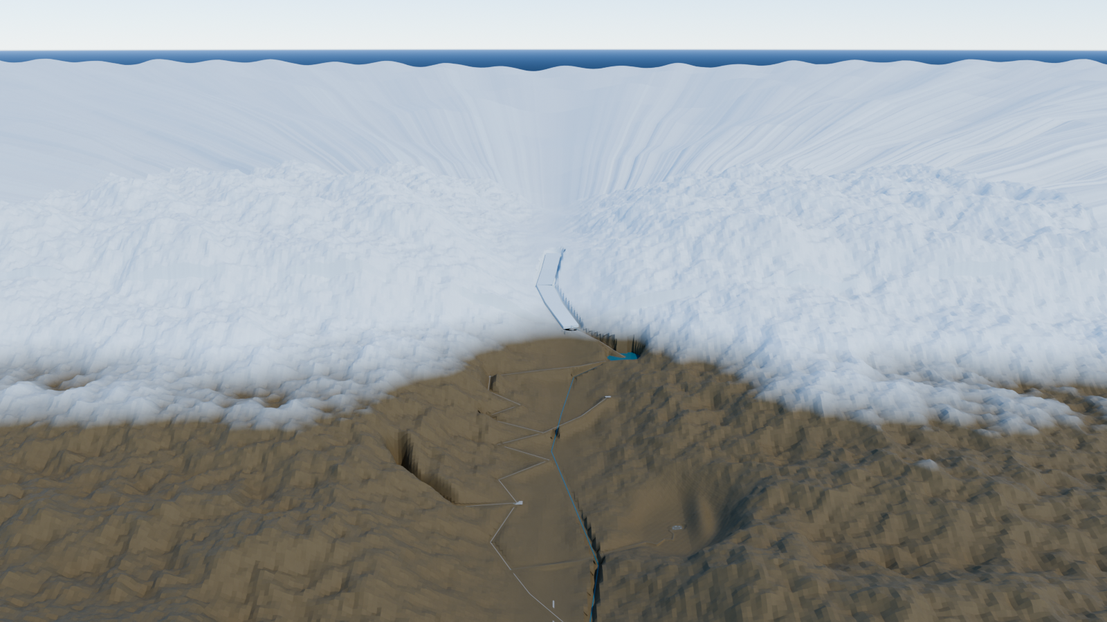 Illustrated mountain basin with observation, logistics and learning settings