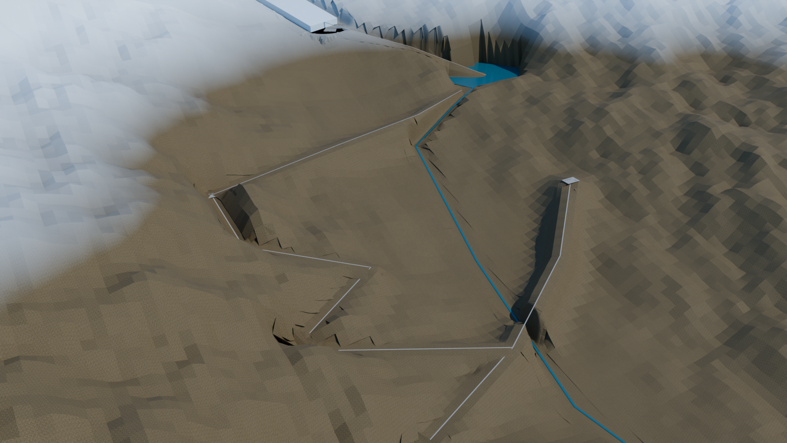 Illustrated mountain basin with observation, logistics and learning settings