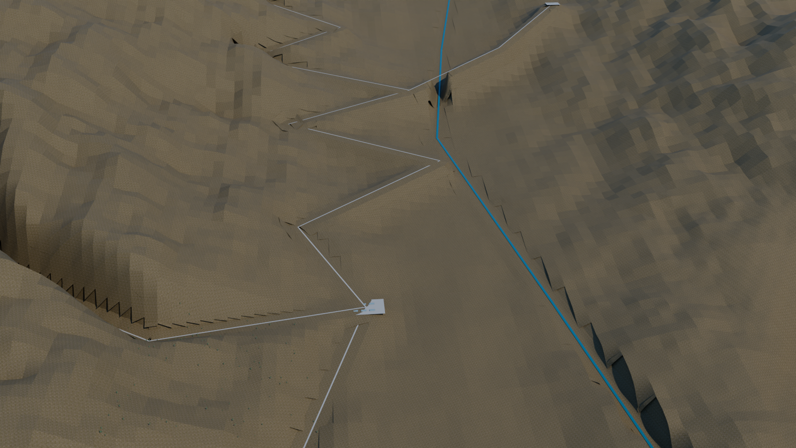 Illustrated mountain basin with observation, logistics and learning settings
